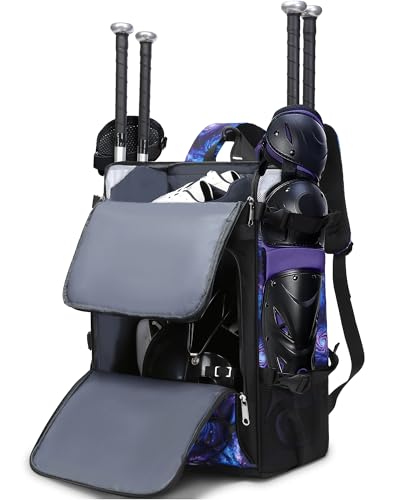 FOKDUVB Baseball Softball Catchers Gear Bag for Helmet Chest Protector Leg Guards Cleats Large Baseball Softball Bat Backpack for Boys Girls Catchers Equipment Bag for Youth Adult Black Purple Galaxy