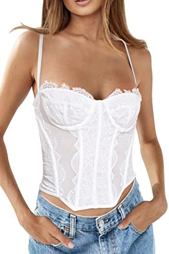 Dealmore Womens White Lace Corset Top Going Out Mesh Vintage Spaghetti Strap Bustier Open Back Boned Party Crop Tops