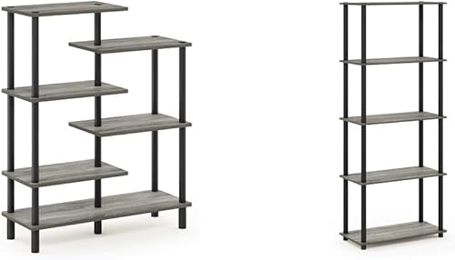 Furinno Turn-N-Tube Estante de exhibición de 6 niveles, roble francés grisnegro y Turn-N-Tube estante multiusos de 5 nivelesestante de