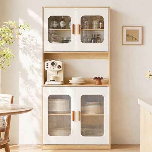 SHARPDO Buffet Cuisine Haut 180 cm, Meuble de Rangement Cuisine Blanc et Bois, Armoire de Cuisine avec Porte Transparente, Plateau pour Micro-Ondes, Placard...