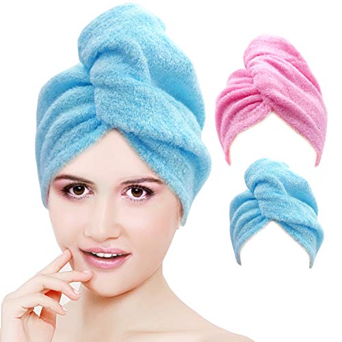 CORVYUC 2 Pack Bamboo Hair Towel Wrap for Women - Quick Dry Hair Turban with Button - Super Absorbent and Soft Twist Towel for Instant Drying Curly, Long & Thick Hair (Blue and Pink)