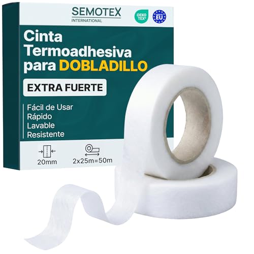 gemola Cinta Termoadhesiva para Dobladillos EXTRA FUERTE - 50 Metros x 20 mm - Cinta Adhesiva Dobladillos. Cinta para Cortinas, Bajo Pantalón, Vestidos, Vaqueros - 20 milímetros ancho