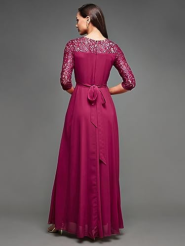 Image of Miss Chase Women's V-Neck Three-Quarter Sleeve Self-Designed Wrap Maxi Georgette Dress