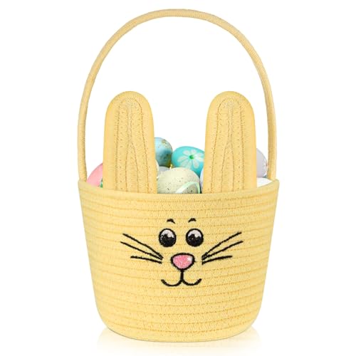 Image of Teenyyou Woven Easter Baskets Woven Bunny Baskets with Handles Eggs Hunt Bucket Rabbit Cotton Rope Basket Baby's First Easter Basket Gift for Toddler Boys Girls(Macaron Yellow)
