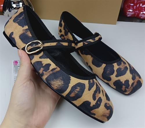 Women's Fashion Leopard Print Flats Buckle Strap Mary Jane Flats Ballerina Shoes Drese Shoes Square Toe Outdoor Casual Slip On Shoes for Women4
