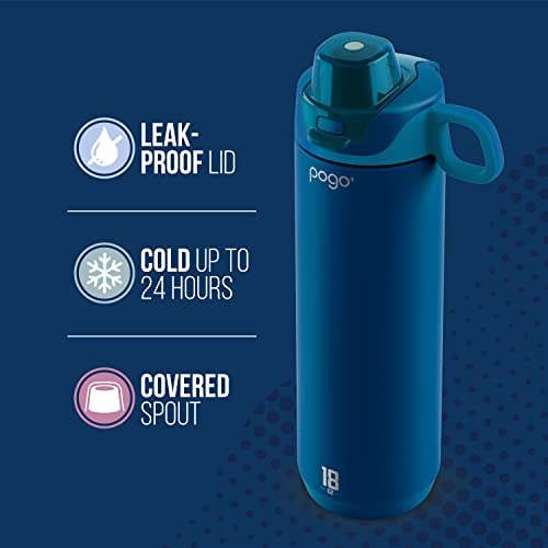 Image of Pogo Active Vacuum Insulated Stainless Steel Water Bottle with Leak Proof Chug Lid and Silicone Carry Loop, Powdercoat, Poseidon, 18 oz