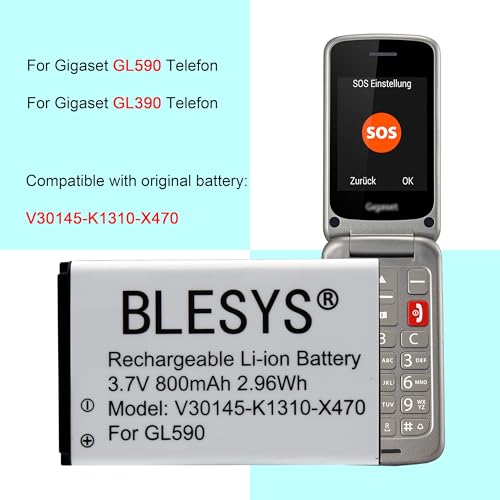 BLESYS Ersatz Akku für Gigaset GL590 GL390 Telefon, Kompatibel mit V30145-K1310-X470 - [3.7V/800mAh]
