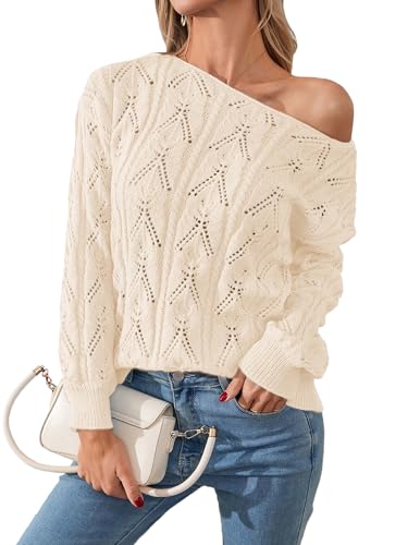 Image of Libsorge Womens Cute Sexy Off The Shoulder Crochet Knit Sweater Fall Winter 2025 Trendy Lightweight Boat Neck Pullover Top