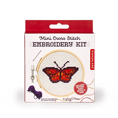 Image of Kikkerland DIY Mini Cross Stitch Butterfly Embroidery Craft Starter Kit Set, with Pattern Instructions, 3 inch Bamboo Hoop, Stress Relief, Adult Beginner Friendly