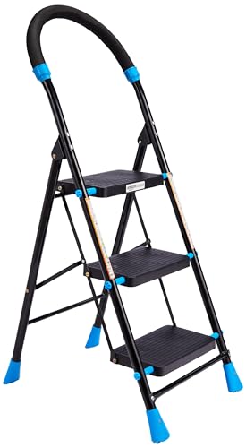 Image of Amazon Basics Curvo-Foldable Step Ladder, Ribbed Steps, Knee Guard, Non-Marring PVC Shoes, 3 Steps (Black & Blue)