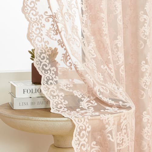 Lot de 2 Rideaux Rose pâle en Dentelle Transparente de Style Victorien à Motif Cachemire Floral, pour Salon, Chambre, avec Passe-Tringle, Filtre la lumière, Style...