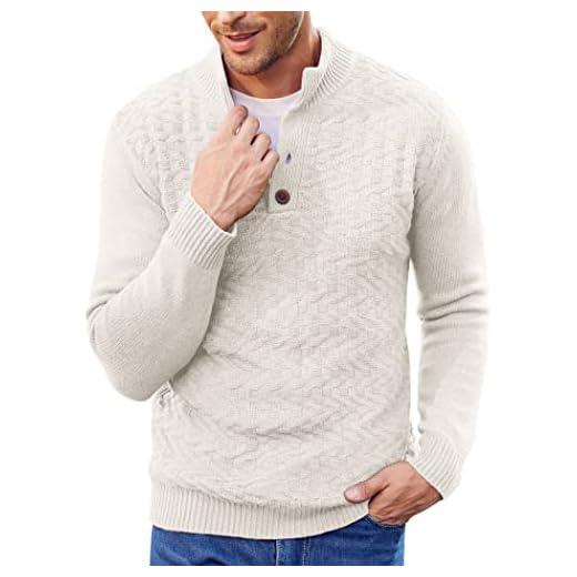 COOFANDY Men Button Mock Sweaters Long Sleeve Pullover Jumper Henley Knit Sweater White