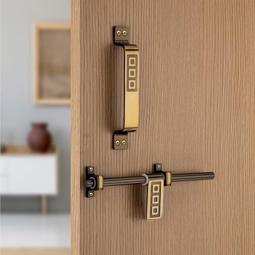 Image of COMPASS Rolex Stainless Steel Heavy Single Door Fitting Accessories Full Set /Kit (1 Aldrop, 1 Latch, 2 Handles, 1 Tower Bolt and 1 Door Stopper | 10 inch | Vintage Finish
