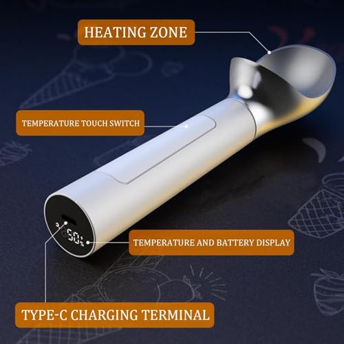 Cuchara de helado calentada, cuchara portátil recargable de mano con pantalla digital, temperatura ajustable, impermeable, 8 horas de espera - Juego de 2 piezas