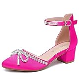 LAURMOSA Dress Shoes for Girls Heels Pink Kids Flower Girl Wedding Formal Sparkle Shoes Party Closed Toe Dress Sandals Size 4 High Heels for Kids Fancy Sandals Dressy Pumps(L1019SaFuchsia 4)