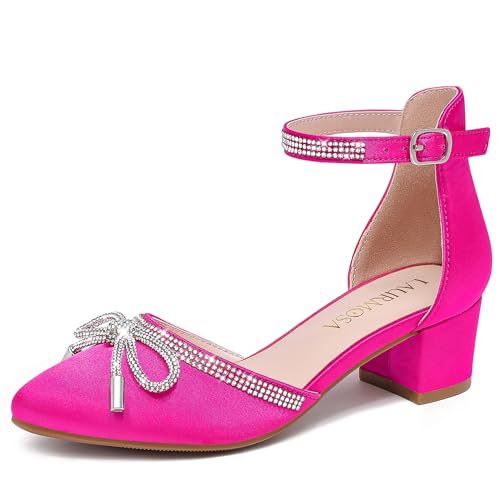 LAURMOSA Dress Shoes for Girls Heels Pink Kids Flower Girl Wedding Formal Sparkle Shoes Party Closed Toe Dress Sandals Size 4 High Heels for Kids Fancy Sandals Dressy Pumps(L1019SaFuchsia 4)