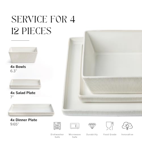 Image of Stone Lain Grace Stoneware 12-Piece Modern Square Dinnerware Set, Ribbed Plates and Bowls Set, White
