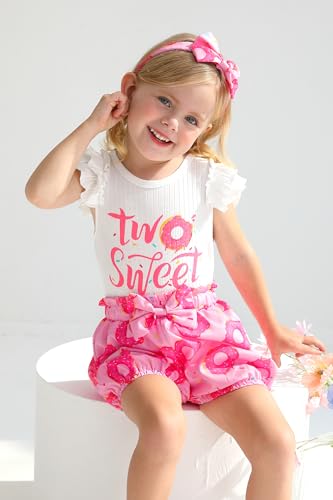 Happy Town Toddler Baby Girl Two Sweet 2nd Birthday Outfits Shorts Set Bowknot 2T Shirts Summer Clothes with Headband2