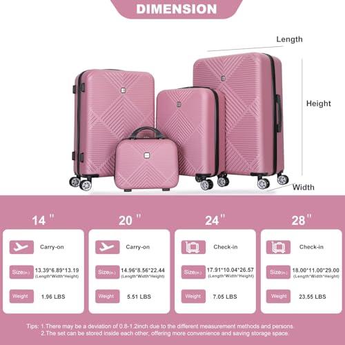 4-Piece Lightweight ABS Luggage Set with Makeup Box - Pink, 14/20/24/28 Inch for Effortless Travel4