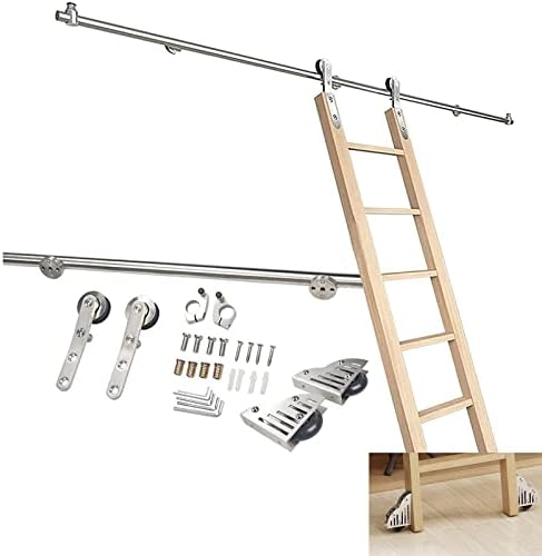 Sliding Ladder Hardware Kit - Stainless Steel Rolling Library Ladder System, 13.1ft Track with Floor Roller Wheels, Complete Round Tube Hanger Set for Easy Access & Storage