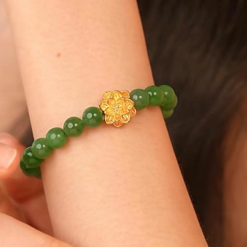 24K Gold Charm Bracelets Jade Beaded Bracelet Lotus Flower Charms Vintage Healing Jade Elegant Gemstone Gold Jewelry for Women Mom Anniversary Birthday Gifts 6.7"/17cm Y19133614