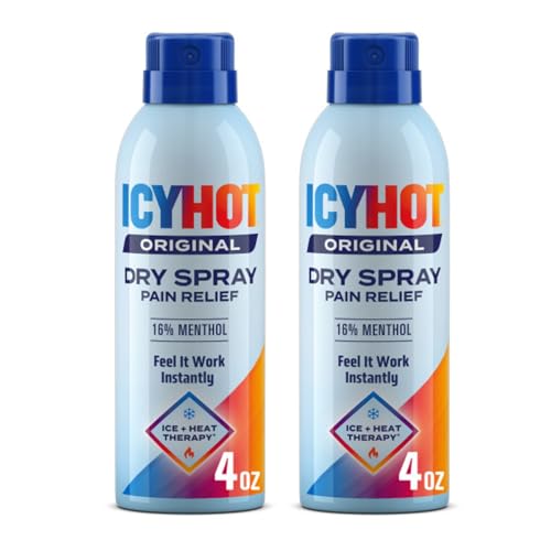 Icy Hot Original Pain Relief Dry Spray Fast-Acting Quick-Drying Pain Relief with Max Strength Menthol 16% Ice and Heat Contrast Therapy for Backaches Joints and Muscle Strains 4 oz 2 pk