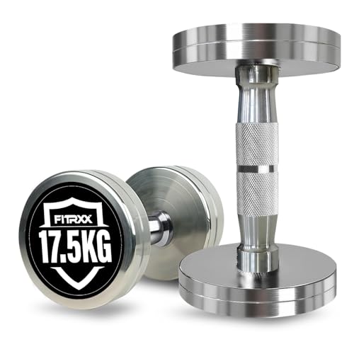 Image of Fitrxx Pair of chrome plated steel Fixed Weight Dumbbells - Gym equipment for home workout | Fitness Gym Dumbbell set for Muscles | stainless steel dumbles set | Dumbell Weights for Workout (Silver, 17.5 Kg Pair)