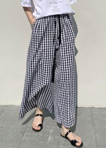 Women's High Waist Plaid Print Cropped Pant Gingham Wide Leg Palazzo Culotte Pants with Drawstring2