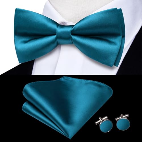 Image of Hi-Tie 5Pcs Mens Solid Color Silk Tie Satin Pretied Bowtie Lapel Pin for Men Handkerchief Cufflink Wedding Gift Box