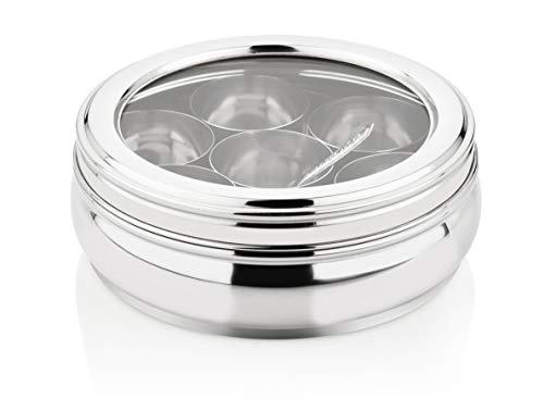 Image of SEGA Stainless Steel Belly Shape Masala Dabba with See Through Lid - Spice Organizer Box with 7 Masala Containers and Small Spoon for Stylish Kitchen Use, Silver - 750 ml