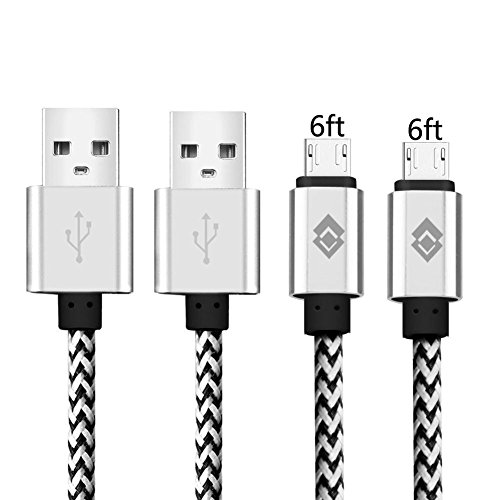 Micro USB Cable,[2-Pack] 6''ft/2m Premium Durable Nylon Braided Tangle-Free High Speed Data Sync Charger Cord with Aluminum Heads for Android Samsung HTC Motorola LG Sony BlackBerry and More (Silver)
