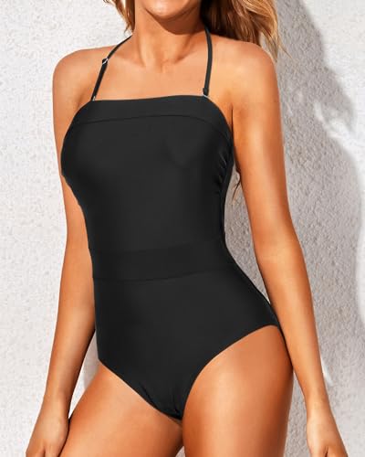Holipick Strapless Bandeau One Piece Swimsuits Color Block for Women Full Coverage Bathing Suits Halter Swimwear3