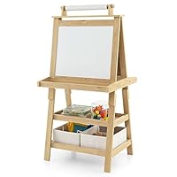 Maxmass 3 in 1 Kids Art Easel, Double-Sided Whiteboard & Chalkboard with Paper Roll, Art Drawing Board Stand for Nursery and Baby Toddler Junior Bedrooms (Natural)