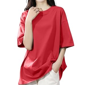 [SLEEPSINERO] tシャツ レディース 半袖 【体型カバー・ゆったり細見え】 シャツ レディーストップス 春 夏 クルーネック 大きいサイズ 吸汗速乾 通気 着痩せ オーバーサイズ レディース夏服 カットソー ロング 5分袖 おしゃれ (2XL,レッド)" 