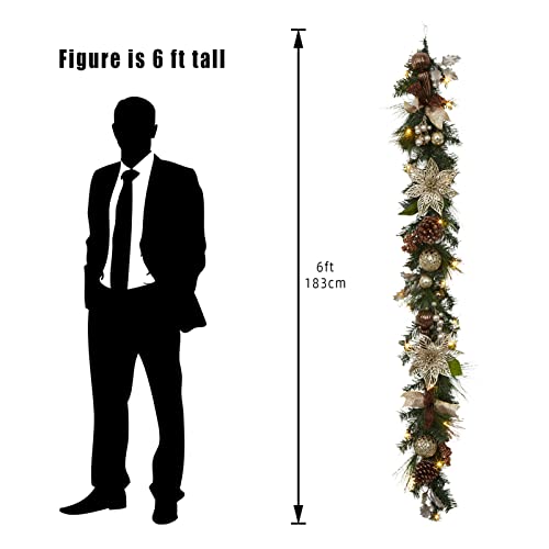 6ft Christmas Garland, Pre-Lit Xmas Garland with Lights, Battery Powered Christmas Garland with Pine Cones, Berries, Bows, Flowers, Ball Ornaments for Fireplace Mantle Decor, Brown
