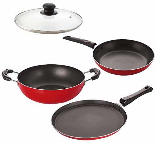 Image of Nirlon Rust Free Non-Stick Aluminium Kitchen Cooking Essential Combo Gift Set-4 Pieces (Flat Tawa|Tapper Pan|Kadhai|1 Glass Lid)-32mm FT12 TP22 KD12 1GLID