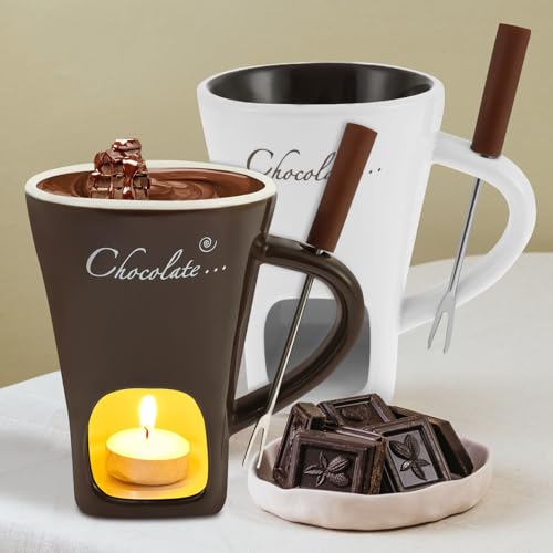 Goshoppers 2 Stück Schokofondue Tasse Keramik Schokoladenfondue Tasse mit Gabel Neu Käsefondue Set Mehrzweck Schoko Fondue Cup für Schokolade Schmelzen Käse Butter und Karamell Geschenk Freundin