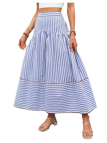 Verdusa Women's Striped Maxi Skirt Elastic High Waisted Tiered A Line Flowy Long Skirts