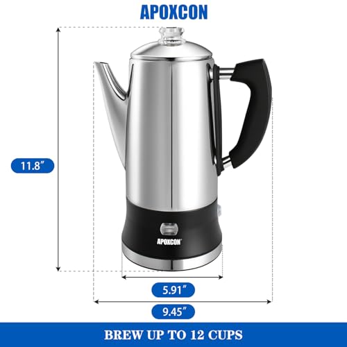 Image of APOXCON Electric Coffee Percolator Stainless Steel Coffee Maker with Clear Brew Progress Tough Glass Knob and On /OFF Switch Classic Coffee Pot with Keep Warm & Cordless Serve No Aluminum (12 Cup)