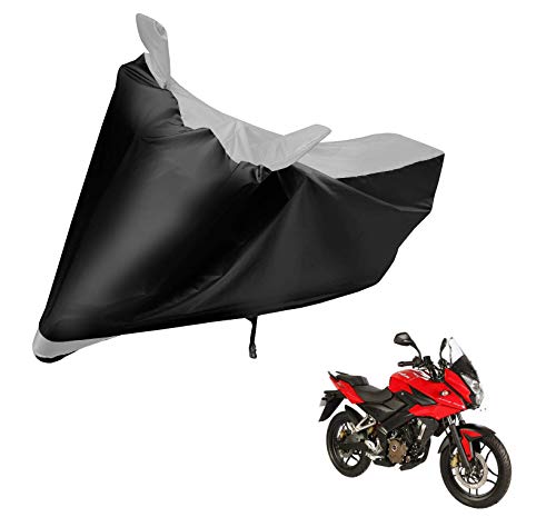 Image of Auto Hub Bike Cover Compatible with Bajaj Pulsar RS 200 with Mirror Pocket, Dustproof, Heat Resistant, Triple Stitched, Pulsar RS 200 Bike Cover- Black, Silver