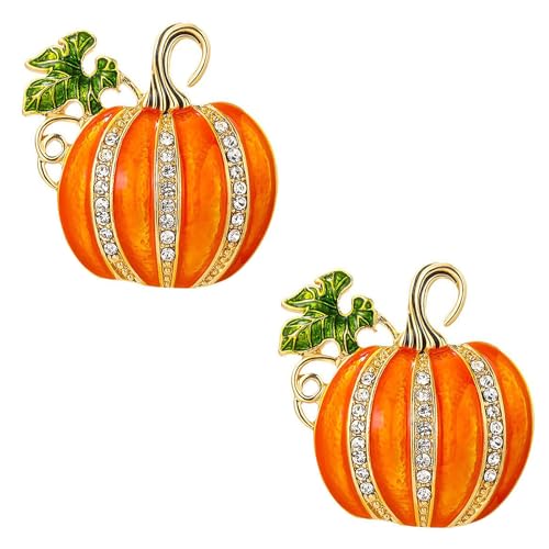 Image of Rhinestone Pumpkin Brooch Pin for Women, Halloween Thanksgiving Gold Tone Enamel Green Leaf Brooches Lapel Pins Cute Autumn Holiday Festival Hat Bag Suit Dress Jewelry Souvenir