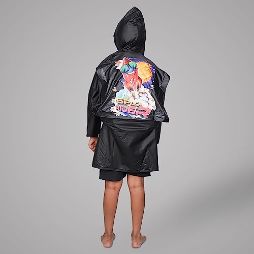 Image of THE CLOWNFISH Toon Caper Series Kids Waterproof PVC Longcoat with Adjustable Hood & Extra Space for Backpack /Schoolbag Holding. Printed Plastic Pouch. Kid Age-5-6 years (Jet Black)