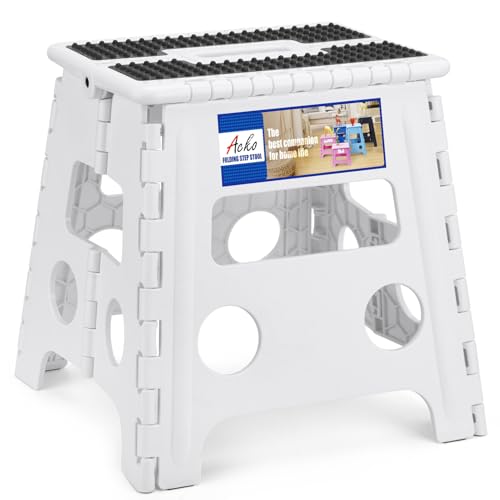 ACKO Folding Step Stool - 13' Height Premium Heavy Duty Step Stools for Adults and Kids, Upgrade Step Stool Kitchen Garden Bathroom Stepping Stool (White)