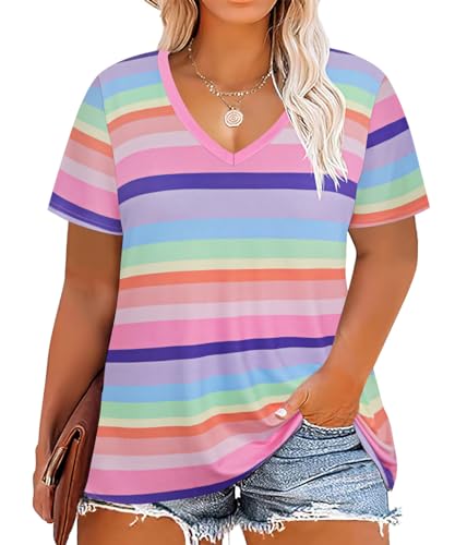 Image of RITERA Women Plus Size Tops Tie Dye V Neck Shirt Floral Camo Summer Short Sleeve Tunic Oversized Ladies Blouse XL-5XL