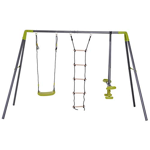 HOMCOM Balançoire 3 agrès portique avec balançoire, échelle et Face à Face dim. 2,95L x 1,38l x 1,75H m métal époxy anticorrosion PE Gris Anthracite Vert Pomme