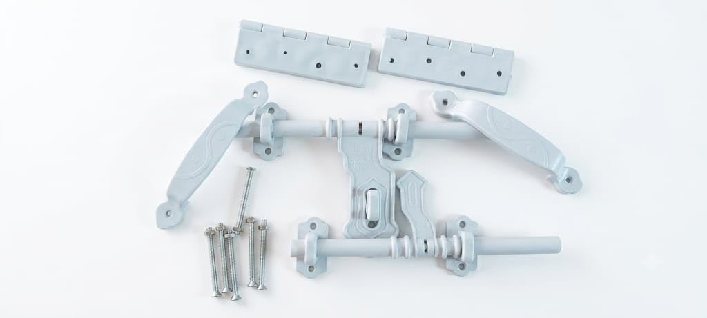 Plastic Gate Latch Set, Grey, 6-Piece Kit with Hinges, Tower Bolts and D-Handles, for PVC Doors, Balcony Gates and Windows-image-4