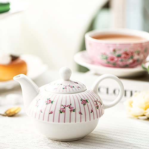 Malacasa Tea For One Set, Teapot 11 Ounce And Cup 8.4 Ounce And 6 Inch Saucers, Porcelain Teapot And Cup Set, Tea Pot With Lid, Pink - Series Sweet Time #TOP4