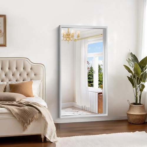 Image of 30x55 Silver Bathroom Mirror, Brushed Silver Rectangular Mirror for Wall, 0.6 inch Thickened Deep Frame Mirrors for Bathroom Sink, Shatterproof Tempered Glass, Antirust, Horizontally or Vertically