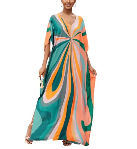Kaftan Dresses for Women Plus Size Bathing Suit Cover up Batwing Sleeve Caftan Maxi Beach Dress