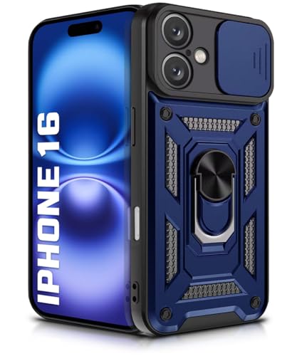 Image of WOW IMAGINE Tough Armor Bumper Mobile Back Case for iPhone 16 | Sliding Camera Shield Cover | Shock Proof 360 Protection | Hybrid PC + TPU | Ring Holder with Kickstand - Blue